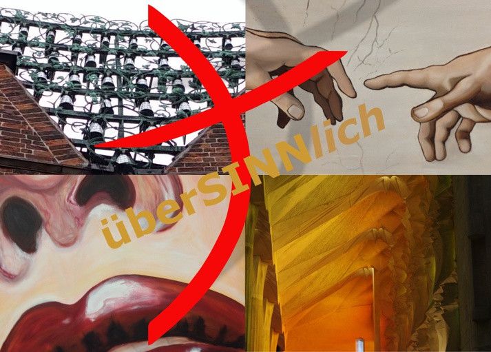 Kritische Collage mit „überstülpen“ und „Nichts“ sowie religiösen und abstrakten Motiven.