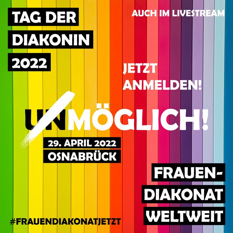 Plakat für Tag der Diakonin 2022: Anmeldung zur Veranstaltung am 29. April in Osnabrück und weltweit im Livestream.