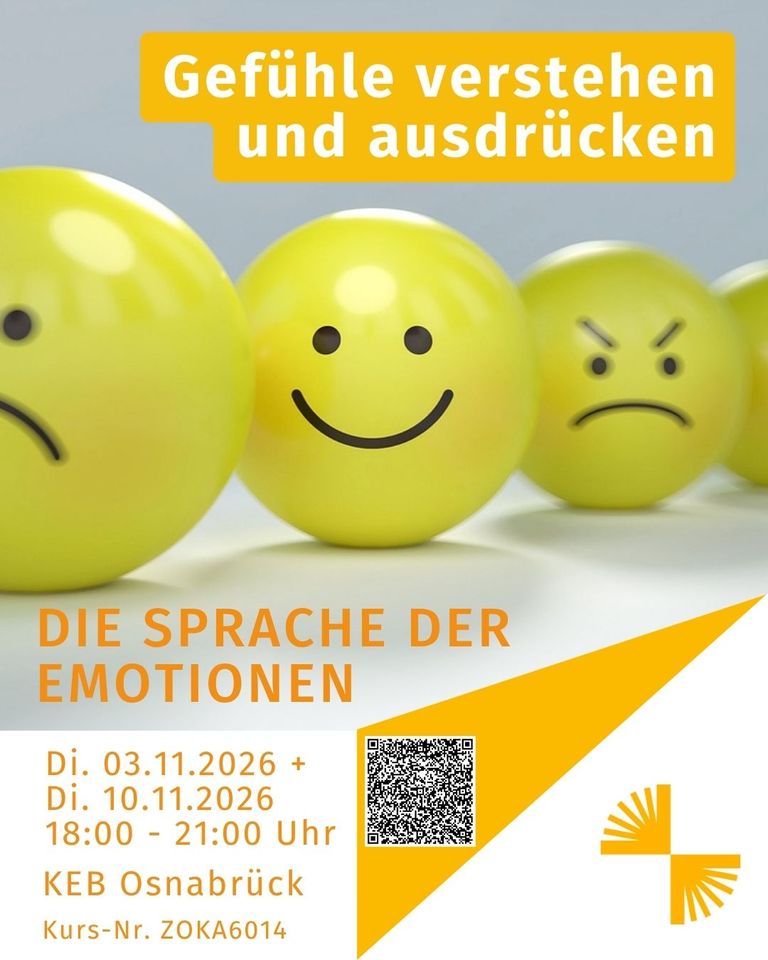 Plakat für Emotions-Sprache-Kurs: „Gefühle verstehen und ausdrücken“ mit Terminen am 03.11. und 10.11.2026.