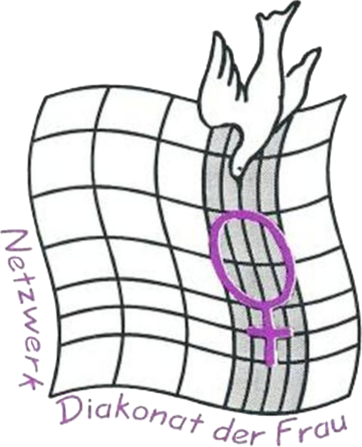 Logo mit Netzstruktur, Flamme und weiblichem Symbol, beschriftet „Netzwerk Diakonat der Frau“.