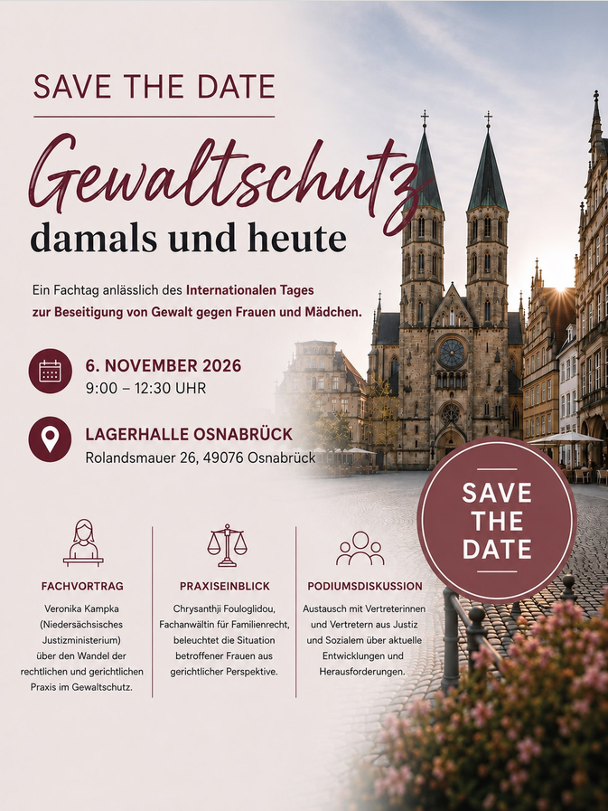 Plakat zur Veranstaltung „Gewalt­schutz damals und heute“ am 6. November 2026 in Osnabrück.