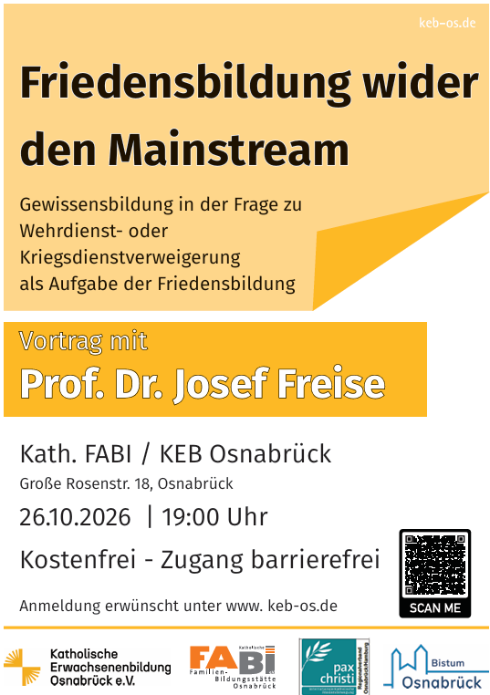 Plakat: Vortrag „Friedensbildung wider den Mainstream“ mit Prof. Dr. Josef Freise am 26.10.2026 in Osnabrück.