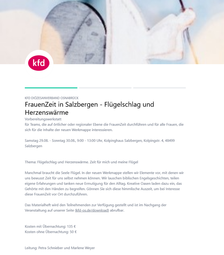 Bild zeigt Artikel der KfD über Frauenarbeit in Salberberg mit Überschrift „Flügelschlag und Herzenswärme“.