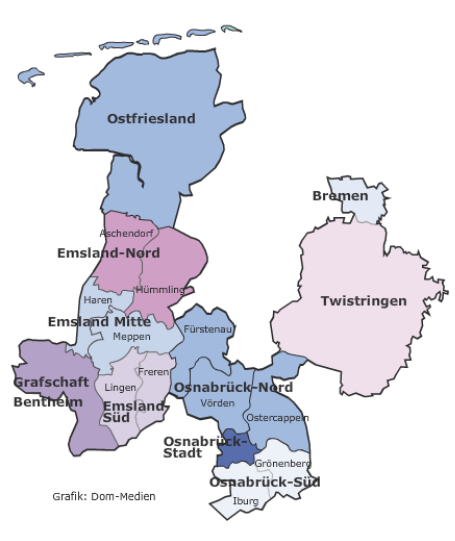 Karte der Landkreise und Regionen in Ostwestfalen-Lippe und angrenzenden Gebieten.