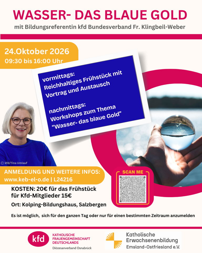 Plakat für kfd-Veranstaltung „Wasser – das blaue Gold“ mit Frühstück und Vortrag am 24. Oktober 2026 in Salzburg.